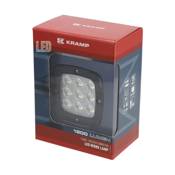 Lampa robocza LED kwadratowa 1800lm 12-24V z wtyczką Deutsch Kramp LA10099 - widok w pudełku - agrexo.pl