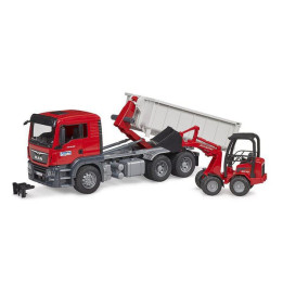 Ciężarówka MAN TGS ze skipem i ładowarką Schäffer Compact 2630 Bruder 03767 - widok z przodu
