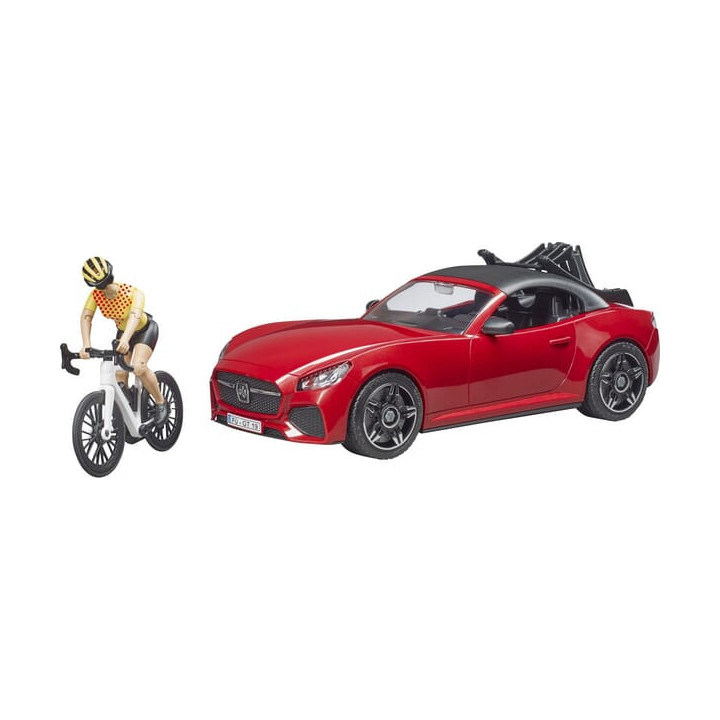 Samochód Roadster z 1 rowerem szosowym i rowerzystą Bruder 03485 - widok z przodu